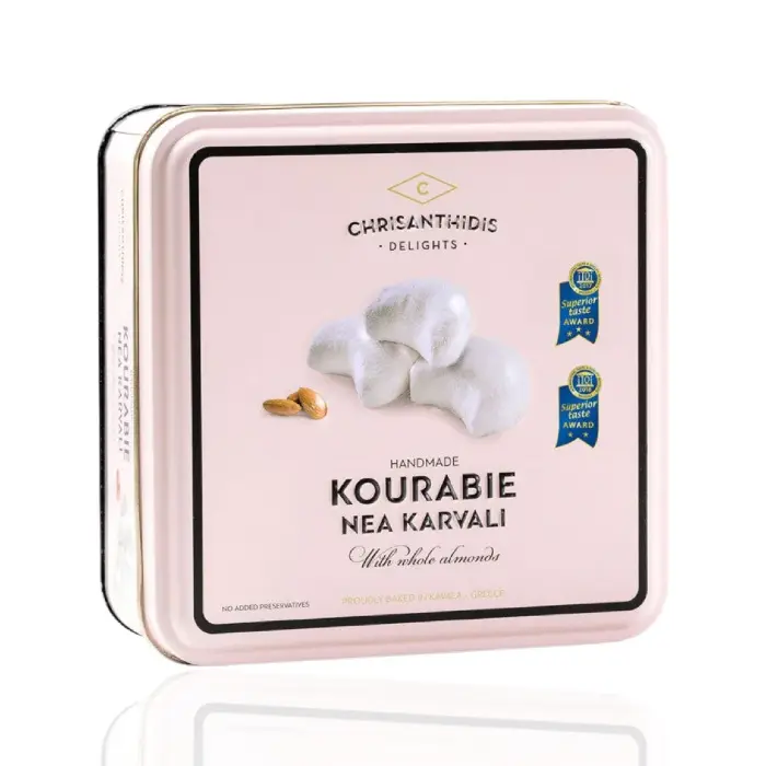 Kourabiedes-gateaux-grecs-aux-amandes-450 gr Chrisanthidis Kourabiedes Amandel cadeau verpakking 450 gr (metal doos) - Afbeelding 1